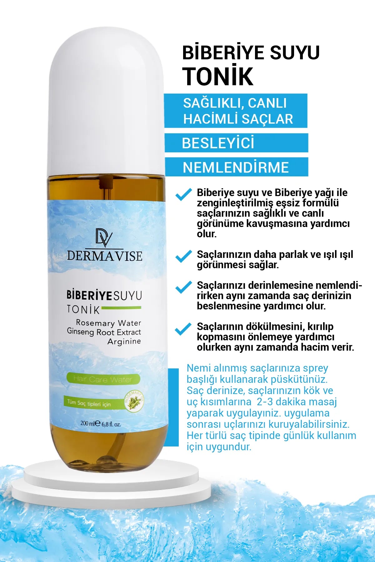 Dermavise Rozemarijnwater Haar Tonic - Volume Haar - Voedend - Gezond & Levendig - Niacinamide - Biotine - Panthenol - Ginsengwortelextract - Arginine - Voor alle haartypes - 200 ml