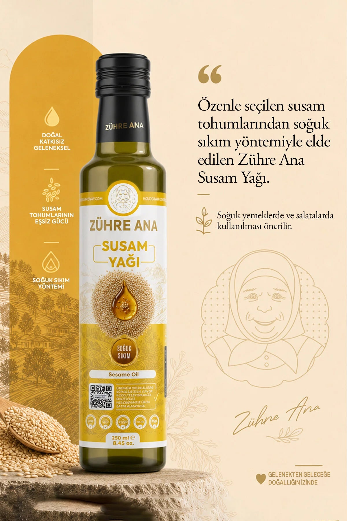 Zühre Ana Sesamolie – Koudgeperste Sesamolie – 100% Sesam – Voor Salades & Gerechten – 250 ml