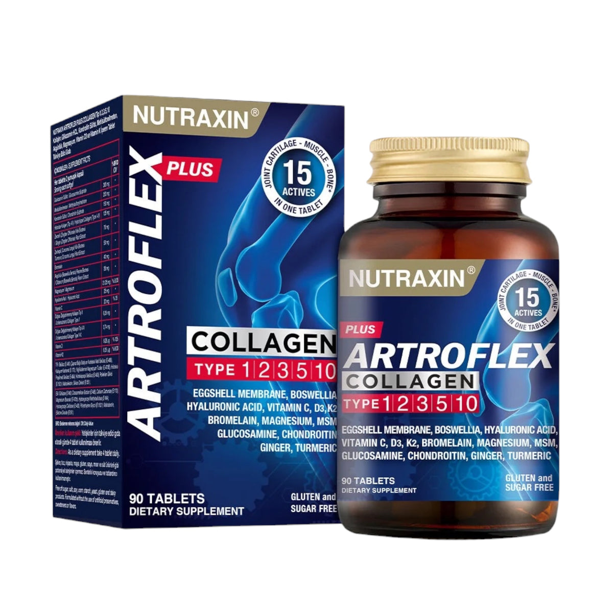Nutraxin Artroflex Plus Collagen – Collageen Type 1, 2, 3, 5 & 10 – Glucosamine, Chondroïtine, MSM, Hyaluronzuur, Vitamine C, D3 & K2 – 90 Tabletten