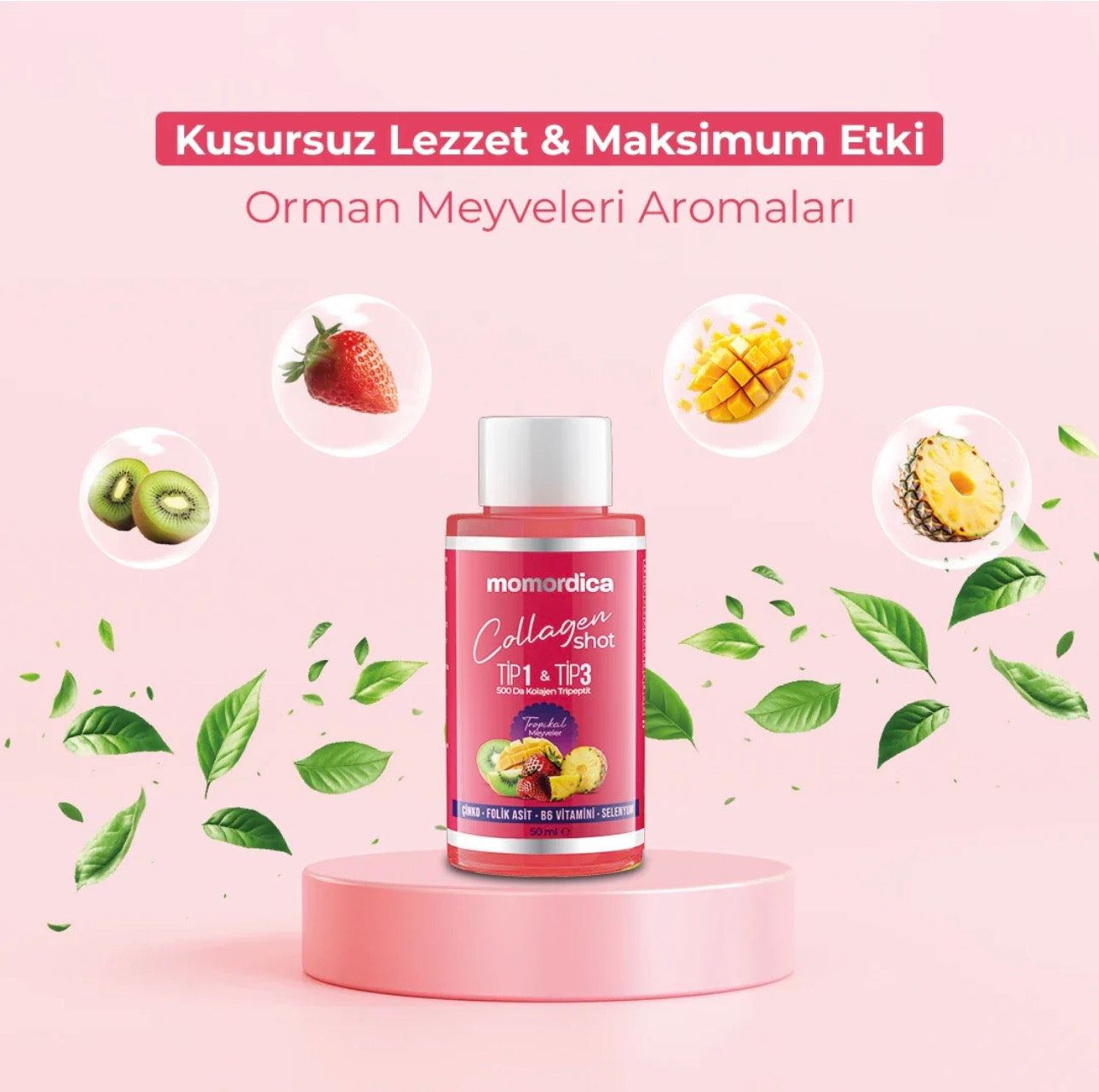Momordica Collageen Shot - Tripeptide Collageen Mix (Type 1 en Type 3) met Zink / Selenium / Vitamine B6 / Foliumzuur / Tropische vruchtenaroma & Aardbei-aroma - Collageen Drankje - 10stuks x 50ml