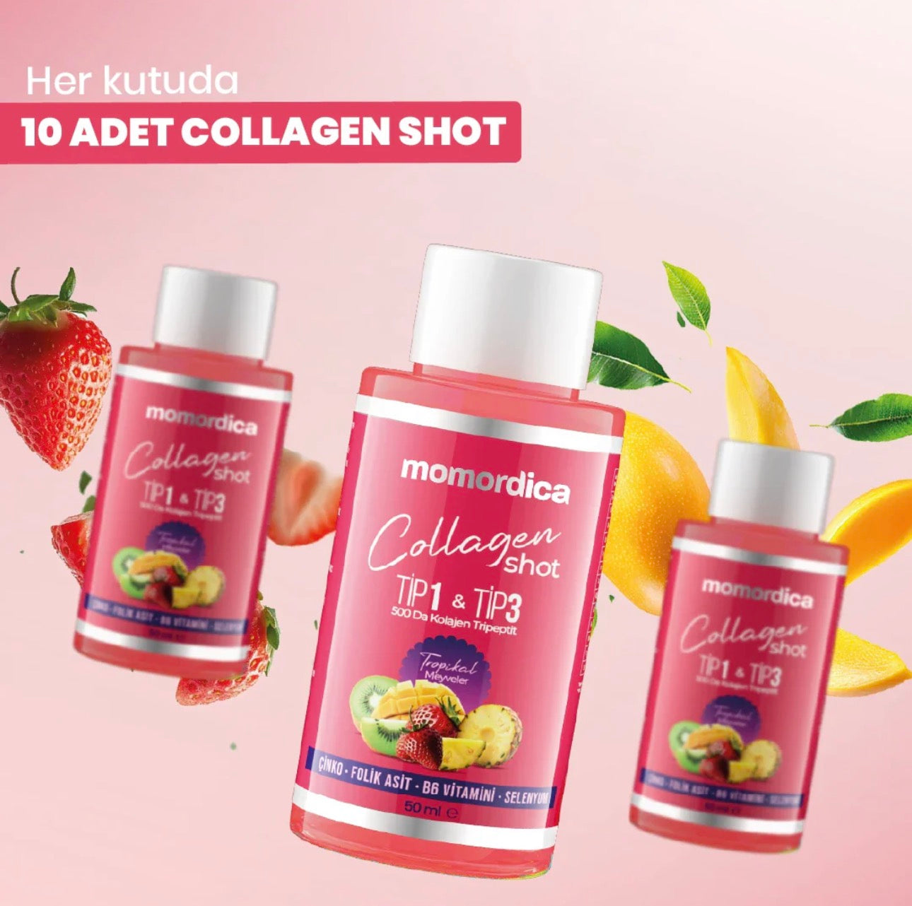 Momordica Collageen Shot - Tripeptide Collageen Mix (Type 1 en Type 3) met Zink / Selenium / Vitamine B6 / Foliumzuur / Tropische vruchtenaroma & Aardbei-aroma - Collageen Drankje - 10stuks x 50ml