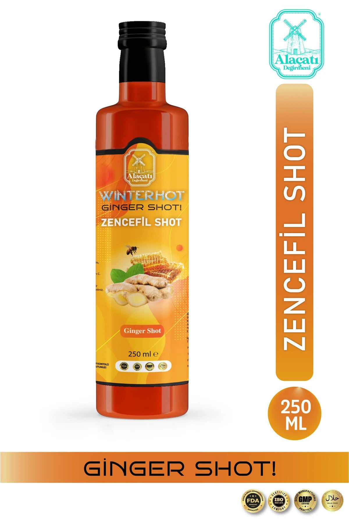 Alaçatı Değirmeni WinterHot Ginger Shot 250 ml | Zencefil, Zerdeçal, Bal ve Vitamin C İçeren Konsantre Shot İçeceği