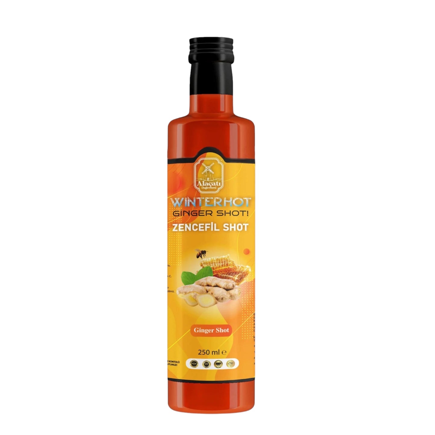 Alaçatı Değirmeni WinterHot Ginger Shot 250 ml | Zencefil, Zerdeçal, Bal ve Vitamin C İçeren Konsantre Shot İçeceği
