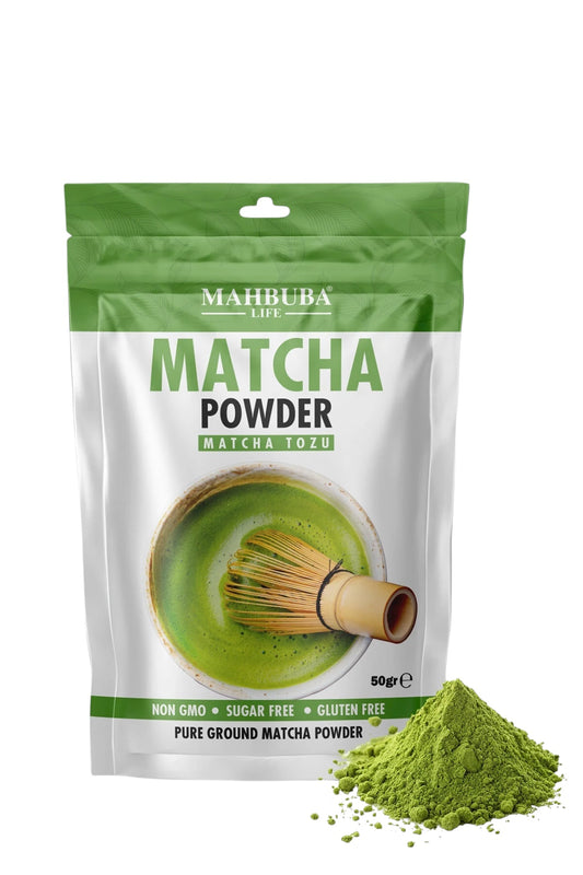 Mahbuba Life Matcha Poeder – 100% Pure Gemalen Groene Thee – Suikervrij, Glutenvrij & Non-GMO – Detox - Rijk aan antioxidanten - Energie en focus - Boost voor metabolisme - 50 g