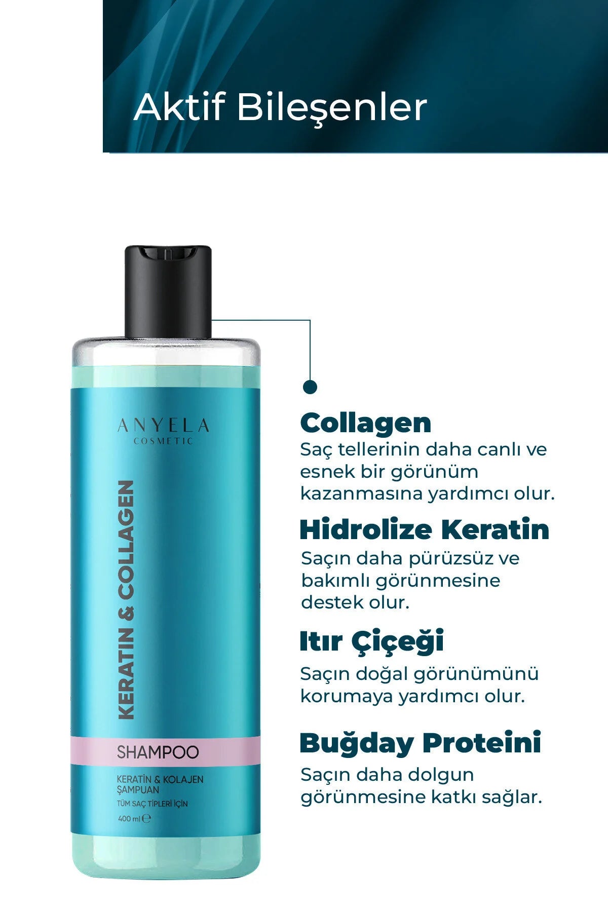 Anyela Cosmetic Keratin & Collageen Shampoo - Herstelt beschadigd haar & Versterkt haarvezels - Vermindert haarbreuk - Glans & Volume - voor alle haartypes - 400 ml