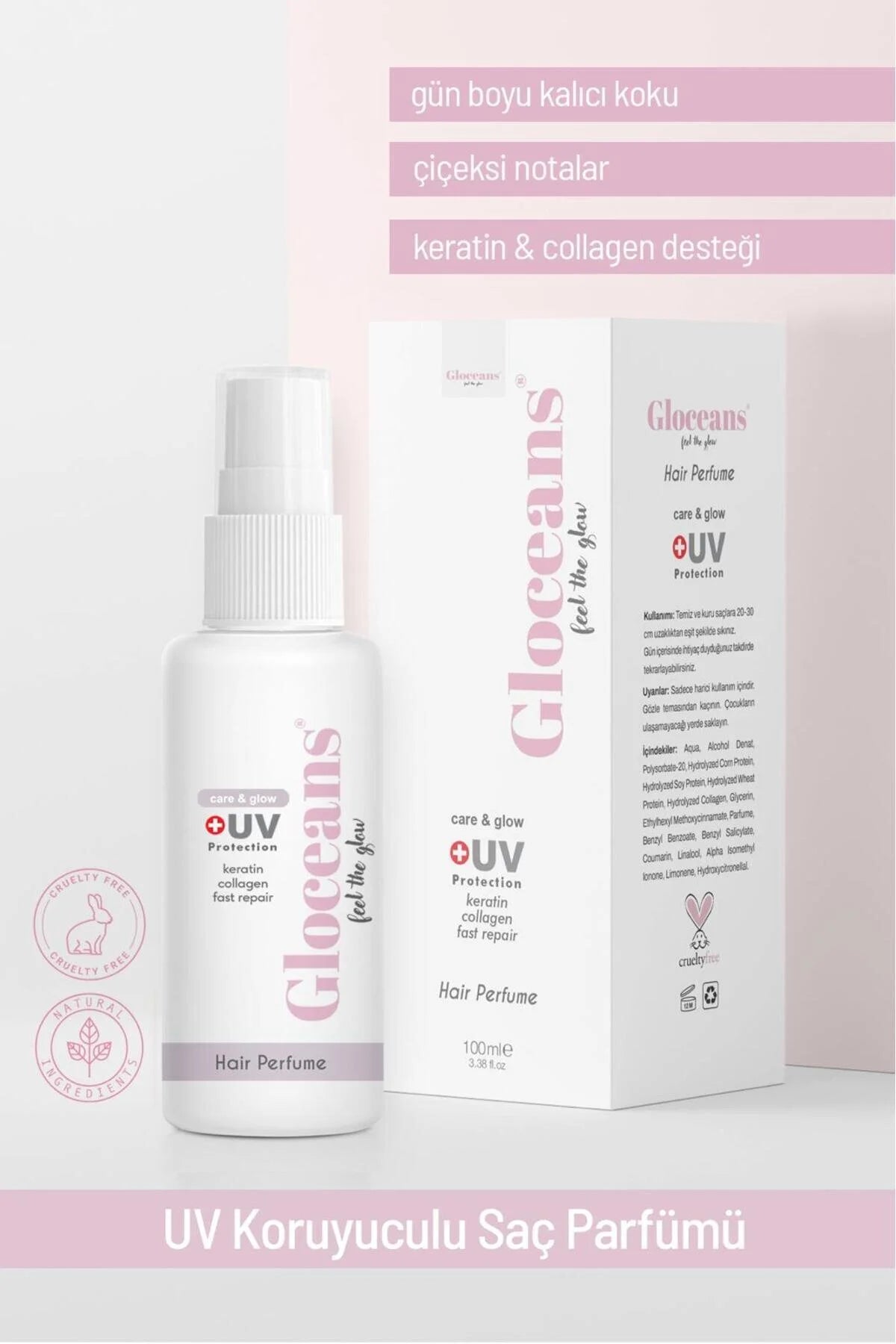 Gloceans Hair Perfume Care & Glow + UV Protection - Haarpafrum met Keratine / Collageen & Bloemige Geur - Hele dag zacht - Glanzend & Fris ruiken - Voeden / Versterken / Herstellen haarvezels - 100 ml