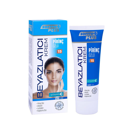 Softto Plus - Whitening Rijstextract Bodycrème 100 (ml.) | Voor het bleken van de huid | Whitening Cream | Vitamine A + B1 /B2 + C + E | Rozenbottel | Verwijderd Oneffenheden | Gevoelige Huid | Zeer Effectief | SPF - 15 |