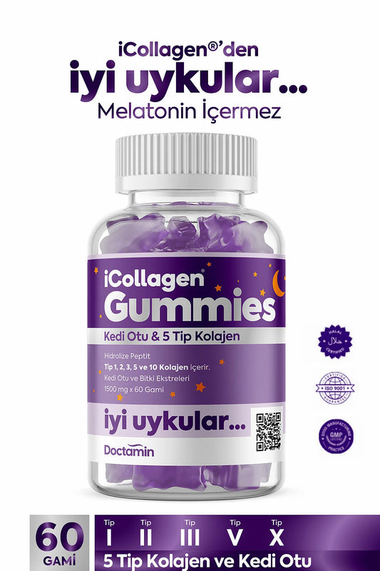 iCollagen Doctamin Gummies - Kattenkruid (Valeriaanwortel rustgevende werking) & 5 Typen Collageen - Zonder Melatonine - 60 Gummies - Ondersteunt Diepe Slaap/Rust & Huidverzorging (Huid/Haar/Gewrichten/Nagels - Bevat 3500mg collageen per pot - 210gr