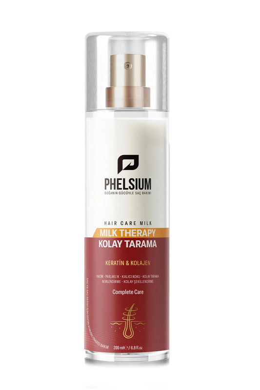 Phelsium Milk Therapy Haarmelk - Gemakkelijk Doorkambare Haarmelk met Keratine & Collageen - Ontklittende & Voedende Leave-in Verzorging - Haarverzachter- en stylingspray - Glans - Zachtheid & Herstel - 200 ml