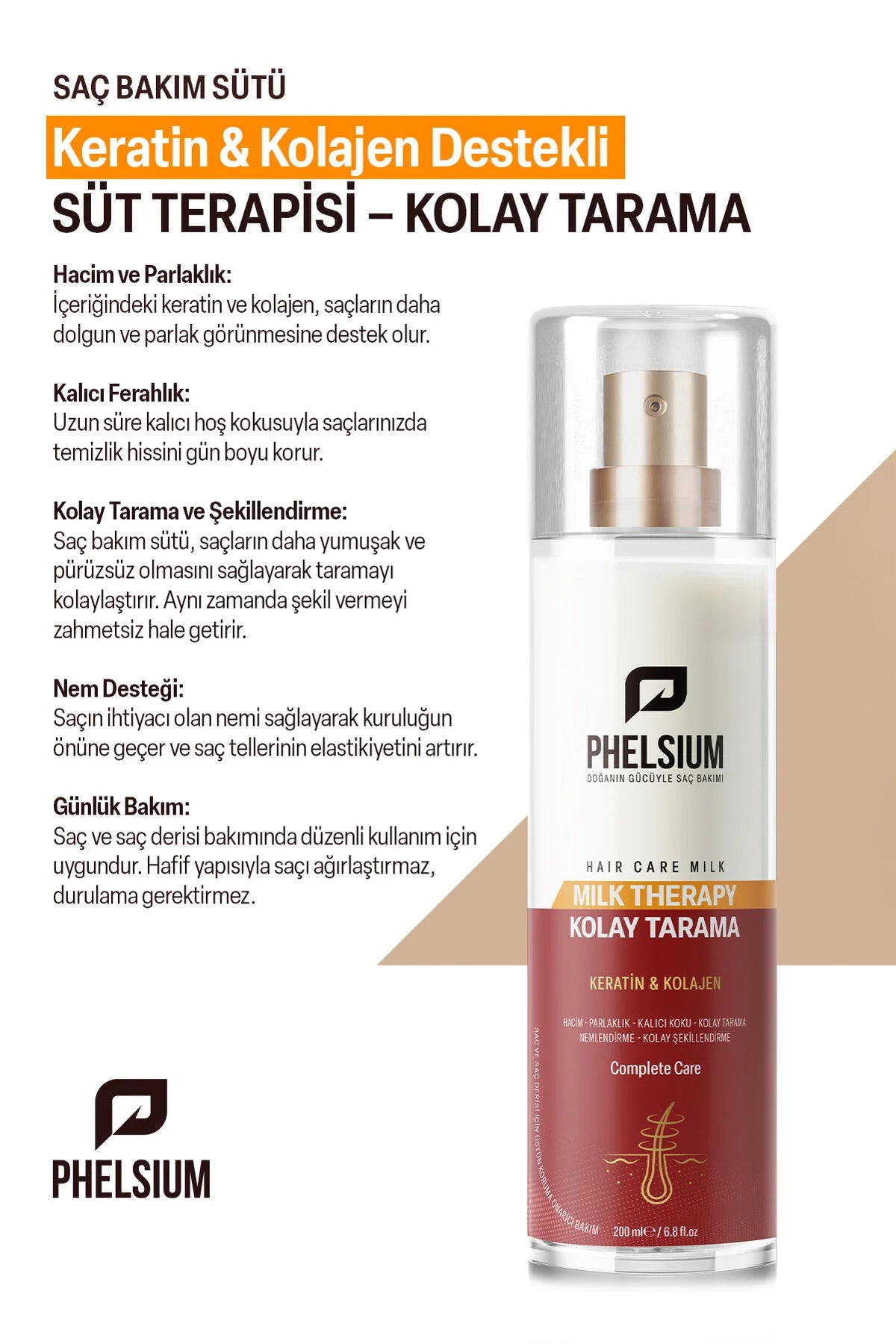 Phelsium Milk Therapy Haarmelk - Gemakkelijk Doorkambare Haarmelk met Keratine & Collageen - Ontklittende & Voedende Leave-in Verzorging - Haarverzachter- en stylingspray - Glans - Zachtheid & Herstel - 200 ml