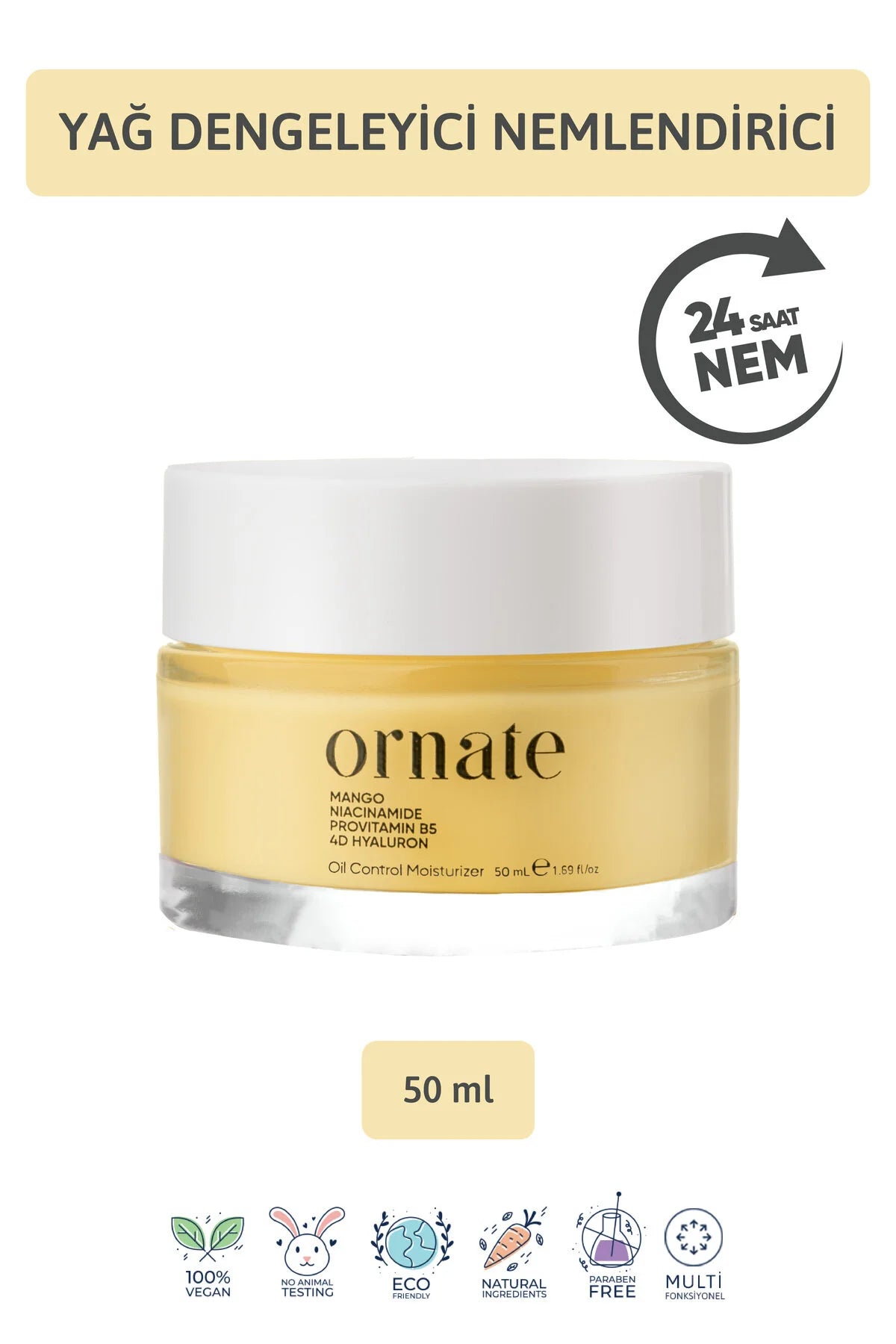 Ornate Oil Control Moisturizer Cream - Hydraterende crème op waterbasis - Herstellend - Verzachtend - Mango - Niacinamide - Provitamine B5 - 4D hyaluronzuur - Dagcrème voor Vette & Gecombineerde Huid - 50 ml