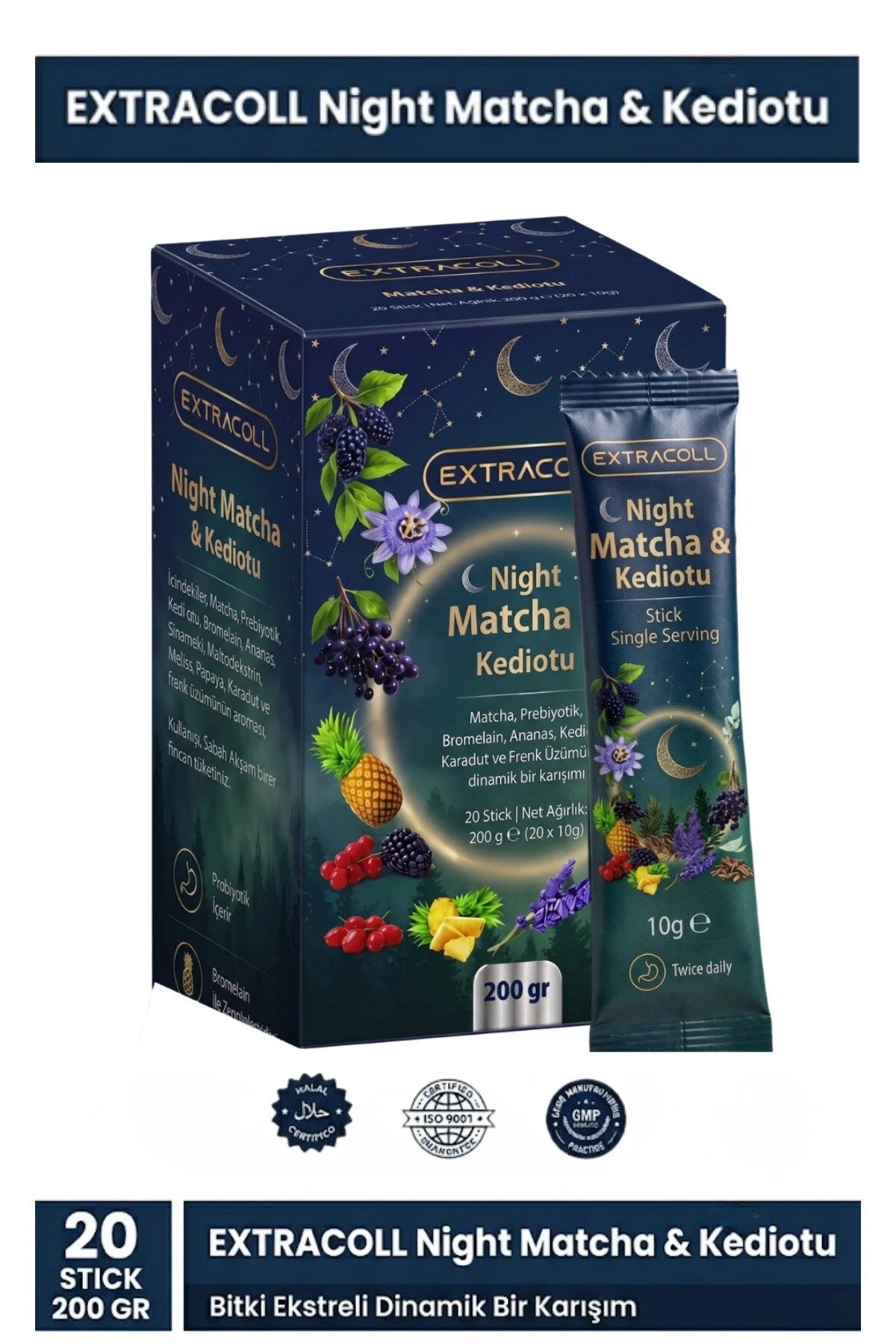 Extracoll Night Matcha & Kediotu Detox Drink Poeder 200 g | Met Matcha, Prebiotica, Bromelaïne & Citroenmelisse | 20 Sticks