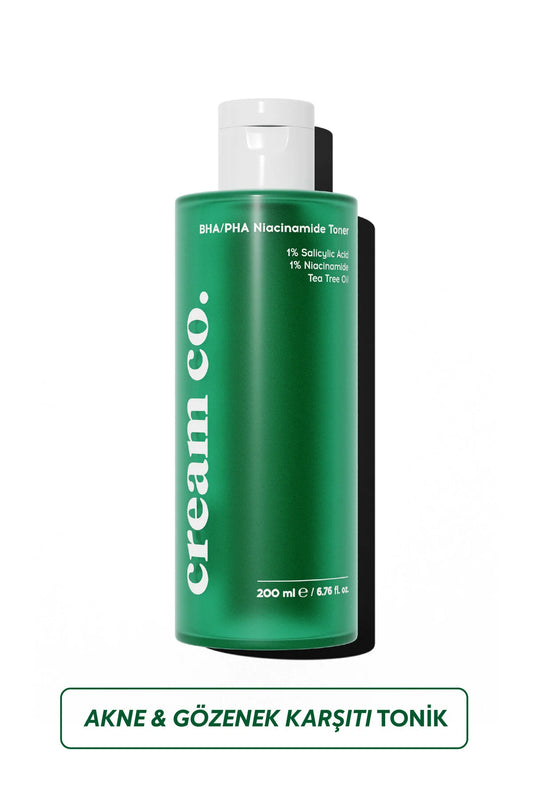Cream Co. BHA/PHA Niacinamide Toner - Zuiverende & Poriënverfijnende Gezichtstonic - Tea Tree - Salicylzuur & Prebiotica - Helpt mee-eters verminderen - Maakt Glad - Krimpt Poriën - Brengt Olie in Balans - Alle huidtypen - 200 ml