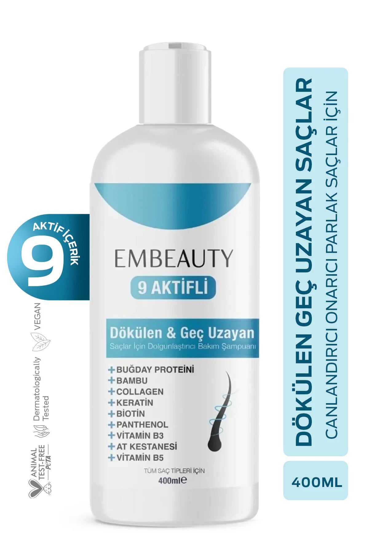 Embeauty Shampoo Collagen Anti-Haaruitval & stimuleert haargroei Sterke Formule 400ML Shampoo Collagen Keratin Bambu Whey Protein Chestnut Panthenol Biotin Vitamin B5 Vitamin B3