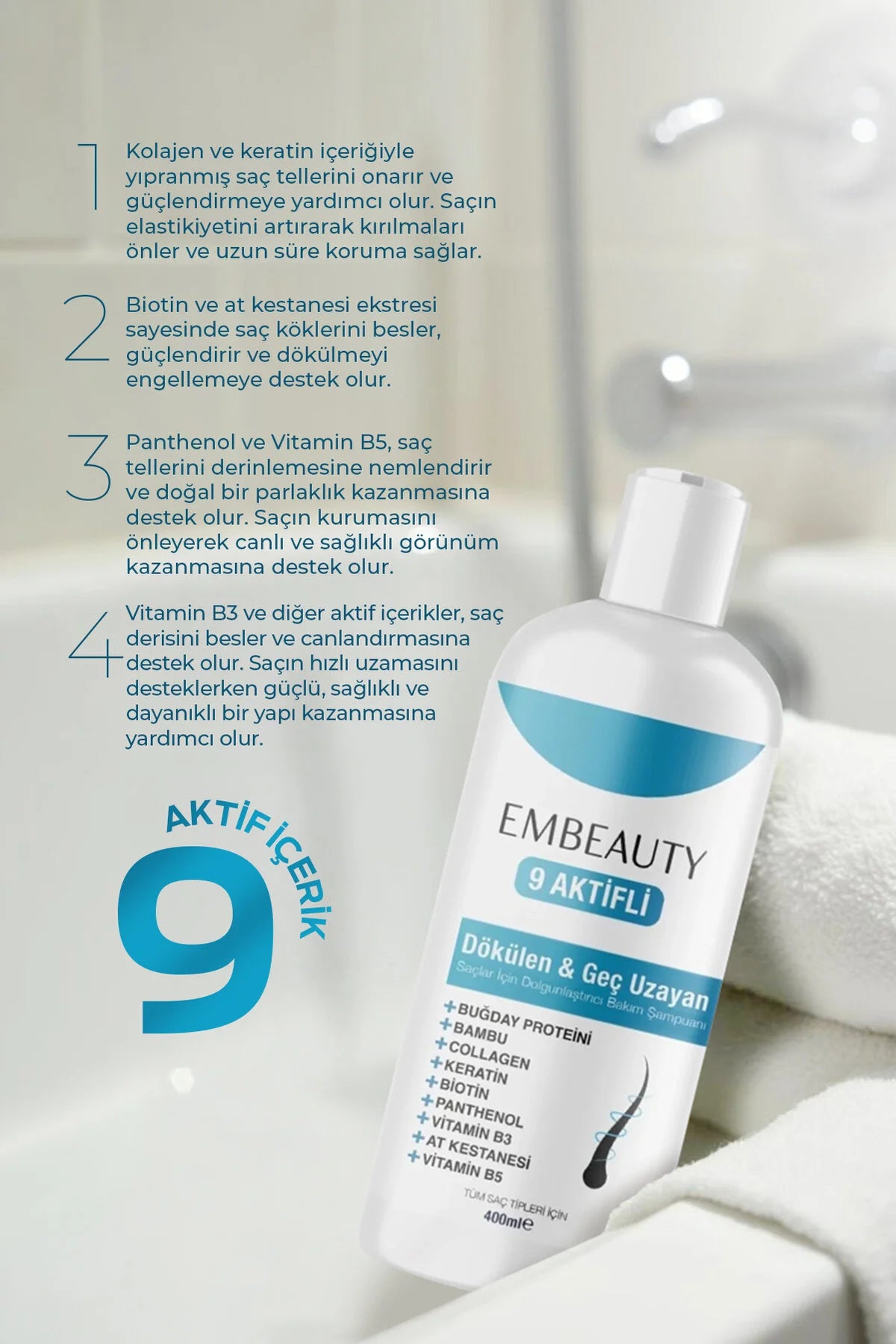 Embeauty Shampoo Collagen Anti-Haaruitval & stimuleert haargroei Sterke Formule 400ML Shampoo Collagen Keratin Bambu Whey Protein Chestnut Panthenol Biotin Vitamin B5 Vitamin B3