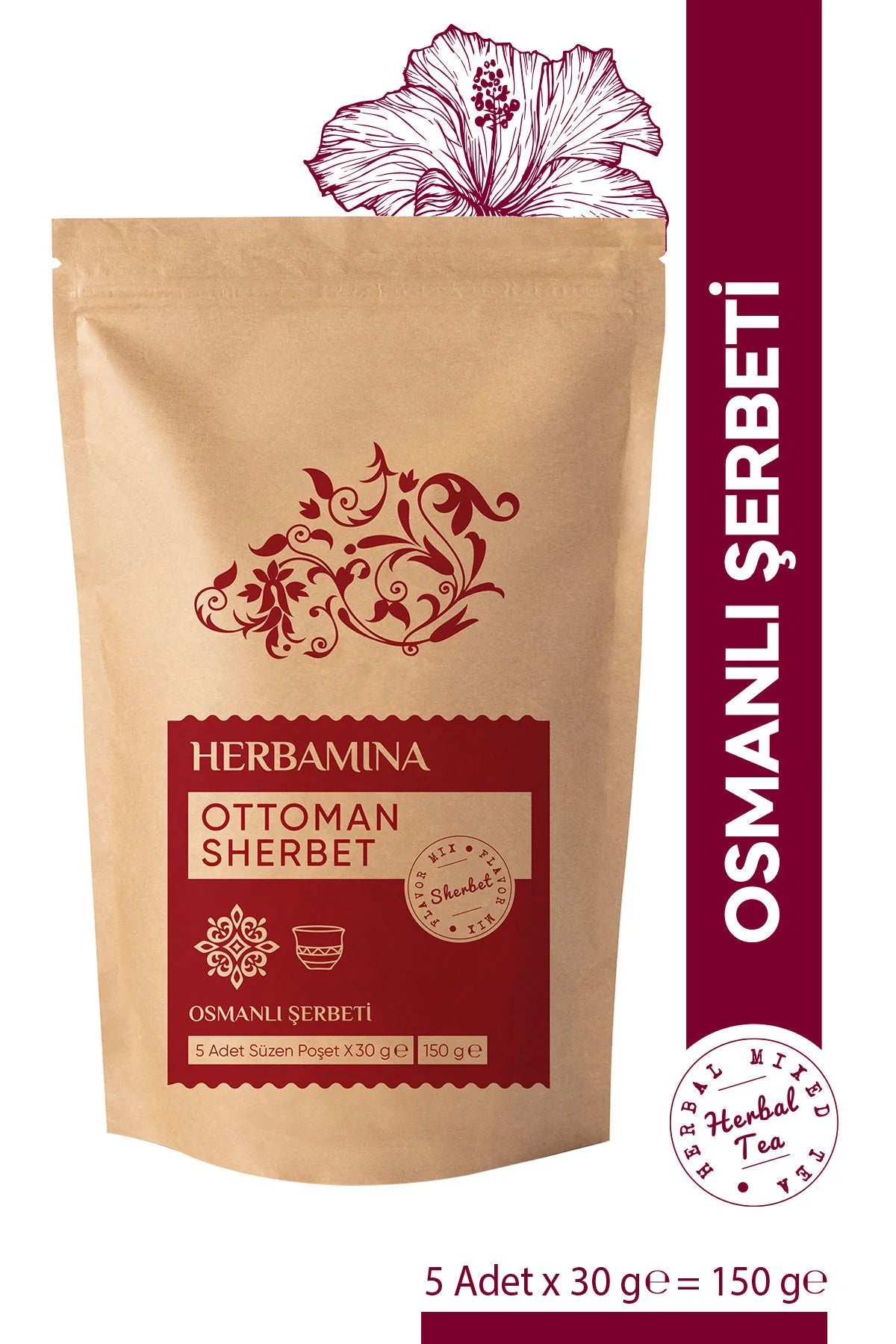Herbamina Ottoman Sherbet – Traditionele Ottomaanse Kruidendrank met Hibiscus, Kaneel, Gember, Kruidnagel & Kardemom – 5 x 30 g – 150 g