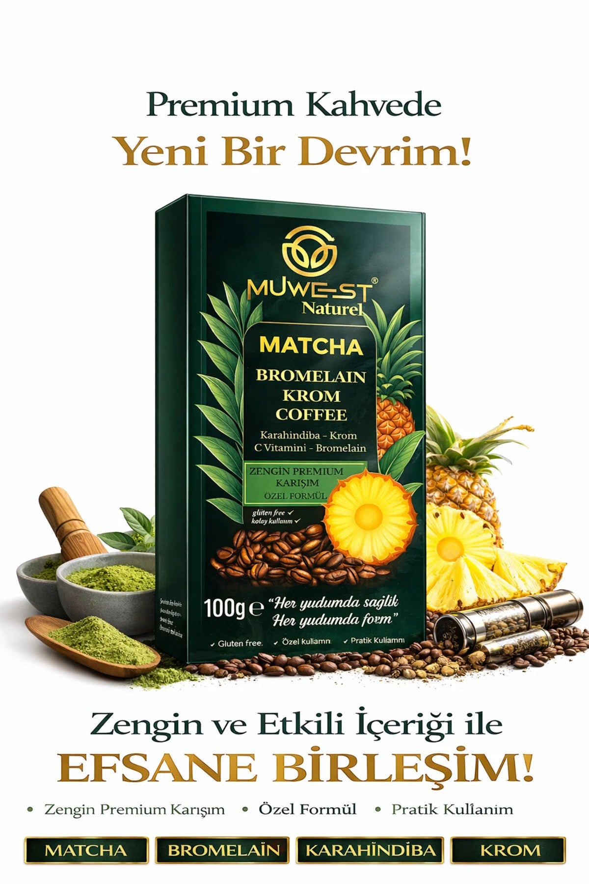 Muwest Naturel Matcha Bromelain Krom Coffee – Koffiemix met Matcha, Cichorei, Bromelaïne, Chroom & Vitamine C – 100 g