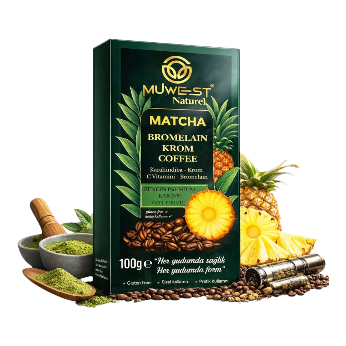 Muwest Naturel Matcha Bromelain Krom Coffee – Koffiemix met Matcha, Cichorei, Bromelaïne, Chroom & Vitamine C – 100 g