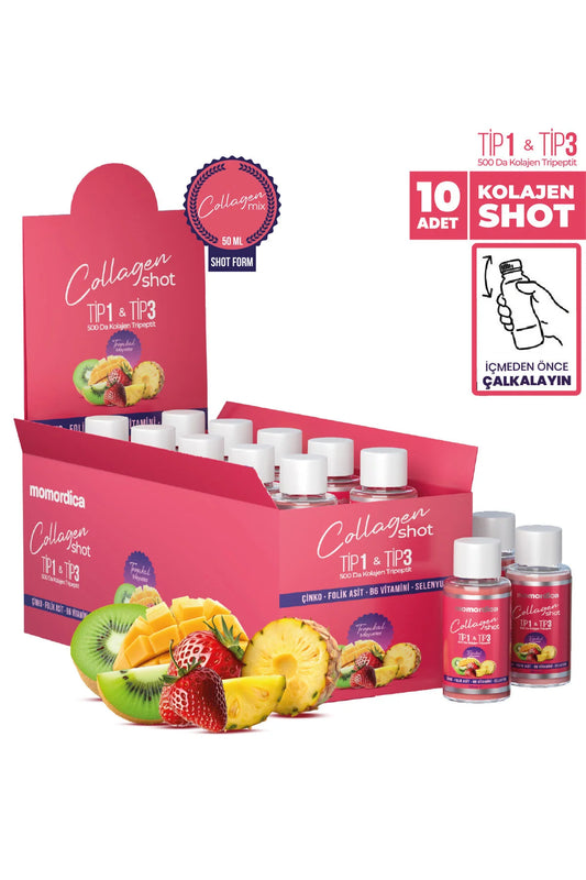 Momordica Collageen Shot - Tripeptide Collageen Mix (Type 1 en Type 3) met Zink / Selenium / Vitamine B6 / Foliumzuur / Tropische vruchtenaroma & Aardbei-aroma - Collageen Drankje - 10stuks x 50ml