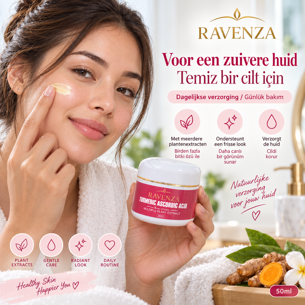 Ravenza Turmeric Ascorbic Acid Cream – Gezichtscrème met Kurkuma, Vitamine C, Niacinamide & Plantenextracten – 50 ml