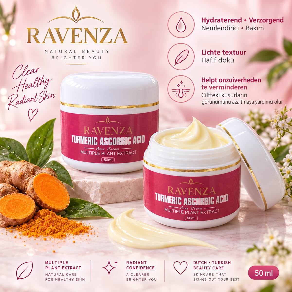 Ravenza Turmeric Ascorbic Acid Cream – Gezichtscrème met Kurkuma, Vitamine C, Niacinamide & Plantenextracten – 50 ml