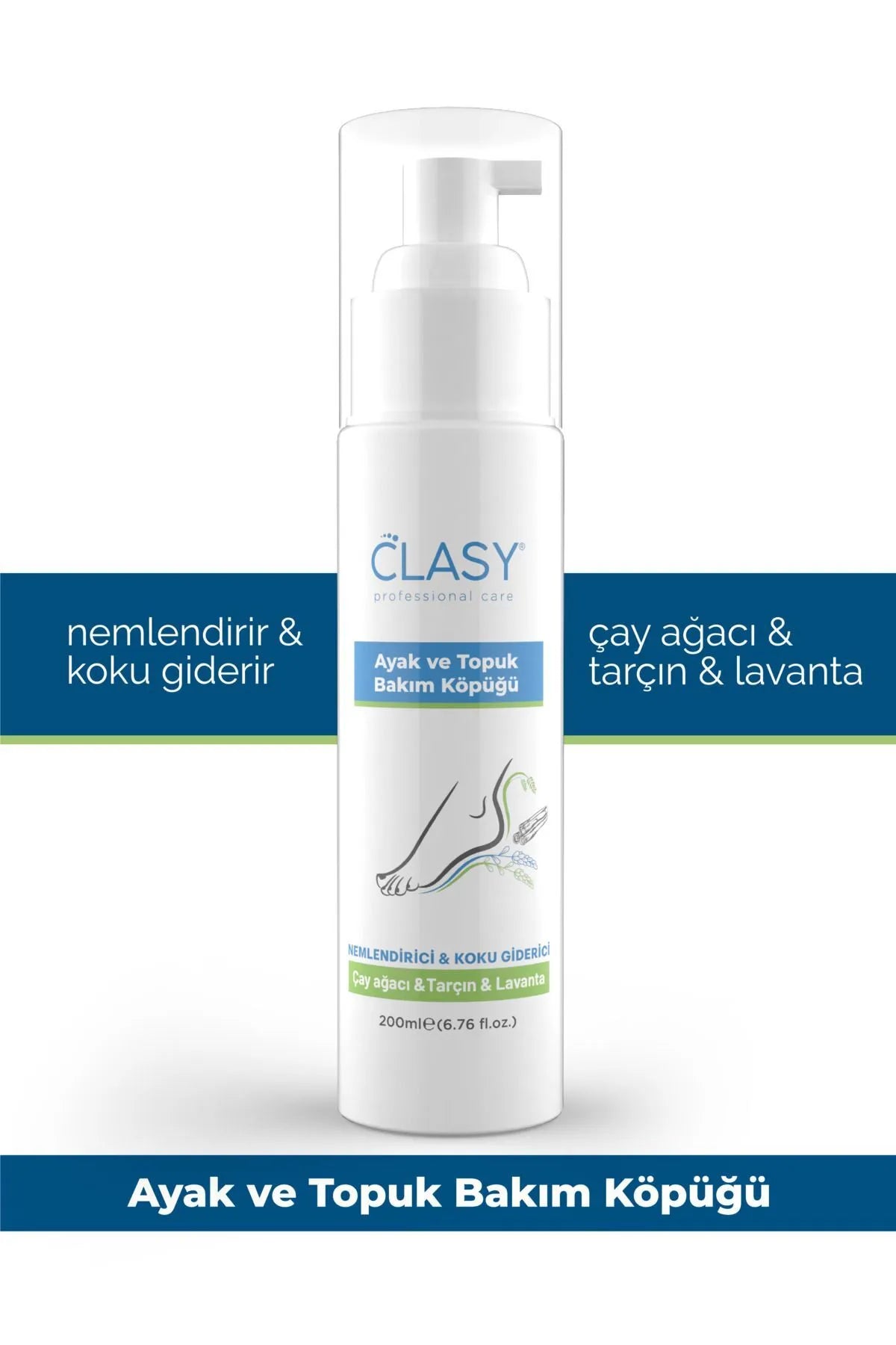 CLASY CARE Professionele Voet- en Hielverzorgingsschuim - Bevochtiger & Geurverdelger - Tea tree & Kaneel & Lavendel - 200 ml