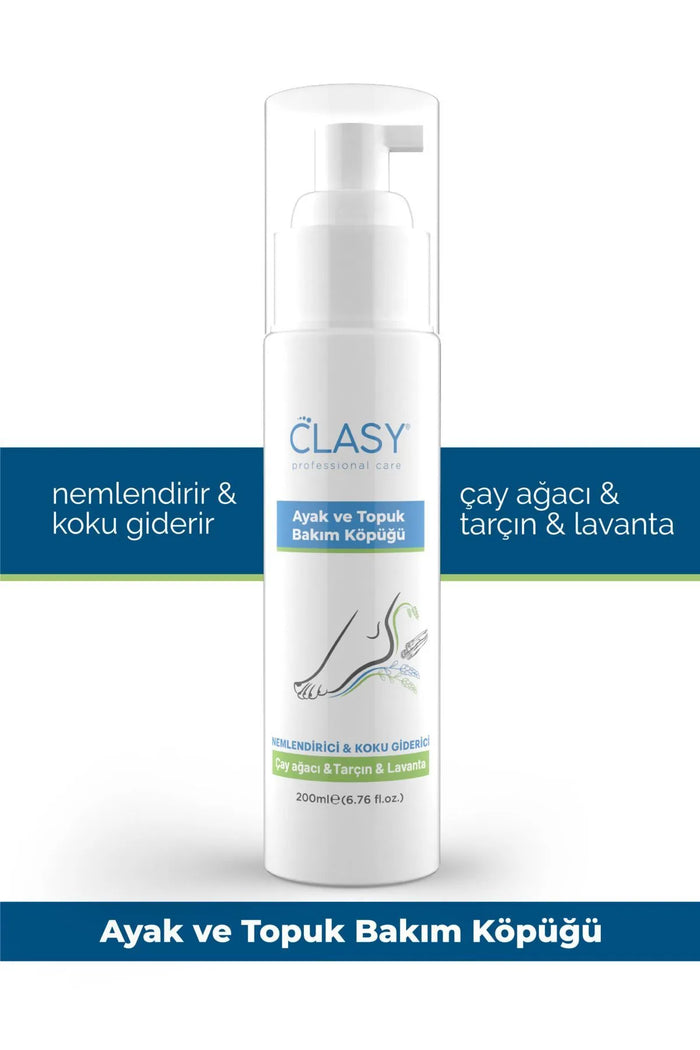 CLASY CARE Professionele Voet- en Hielverzorgingsschuim - Bevochtiger & Geurverdelger - Tea tree & Kaneel & Lavendel - 200 ml