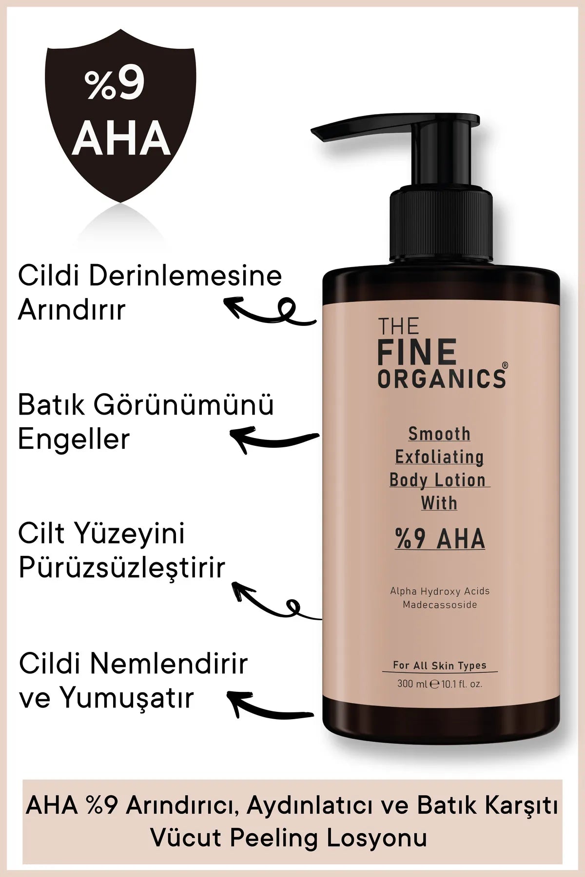 THE FINE ORGANICS Anti-Ingegroeide Zuiverende & Verhelderende Lichaamspeelingslotion - met 9% AHA - Anti-Acne - Anti-Plemmetjes - Anti-Donkerheid - Voor alle huidtypes - 300 ml
