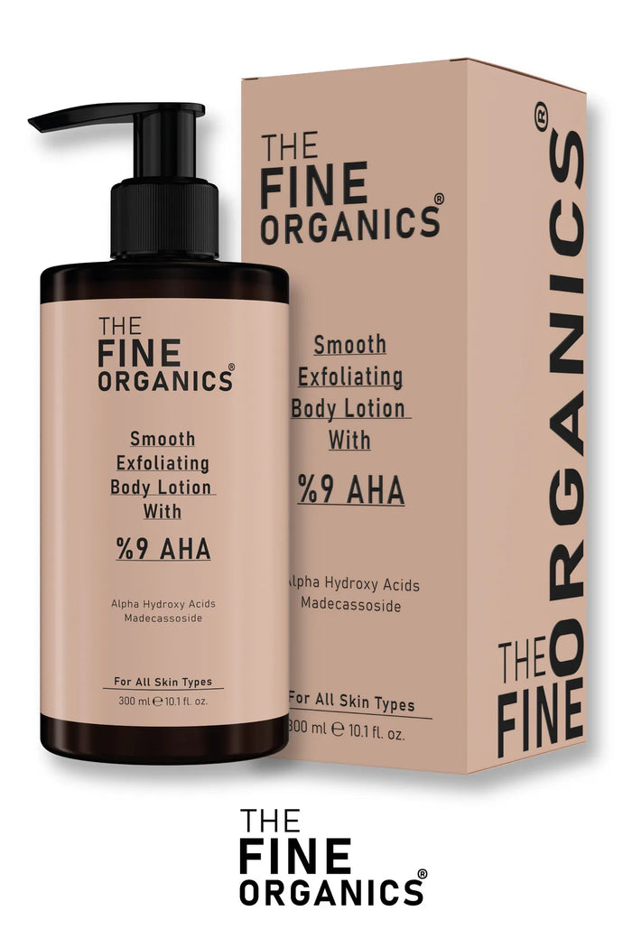 THE FINE ORGANICS Anti-Ingegroeide Zuiverende & Verhelderende Lichaamspeelingslotion - met 9% AHA - Anti-Acne - Anti-Plemmetjes - Anti-Donkerheid - Voor alle huidtypes - 300 ml