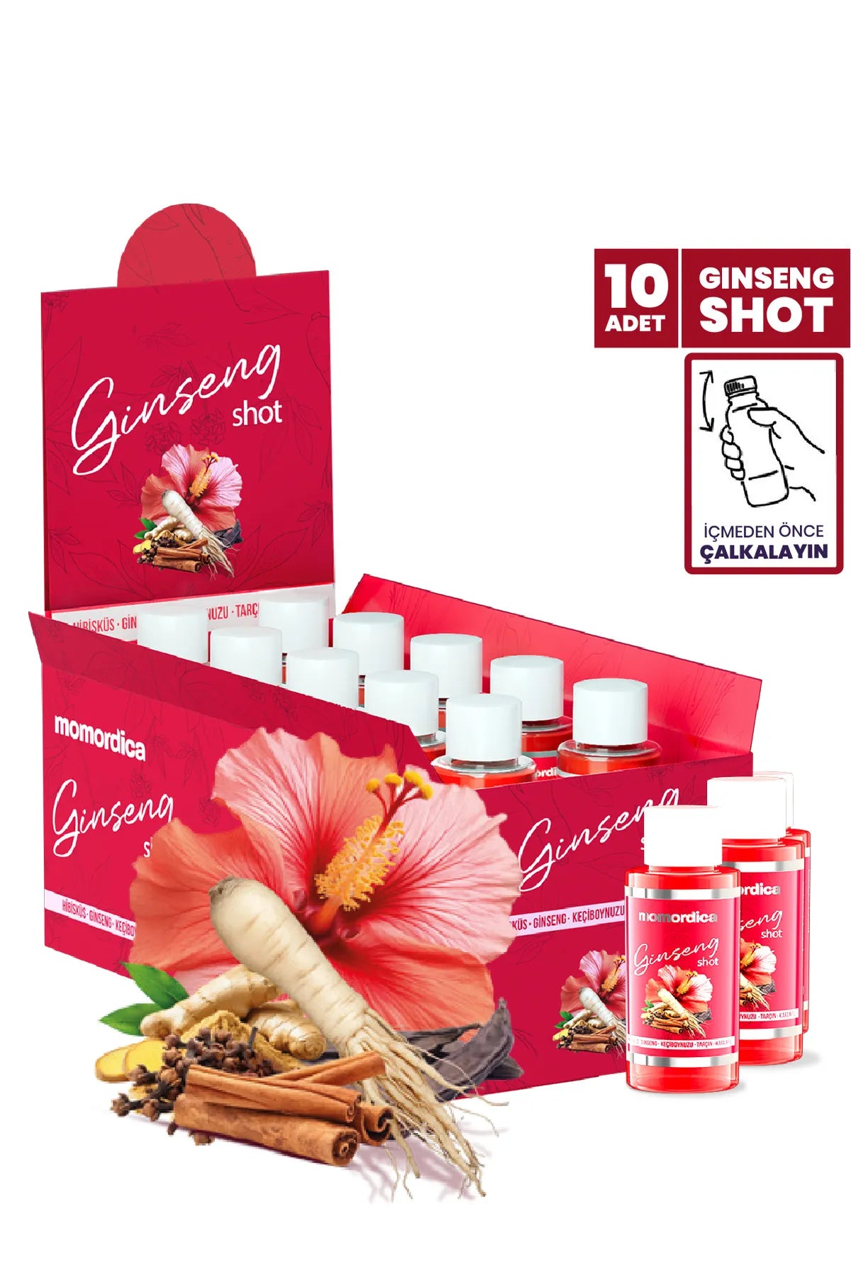 MOMORDICA Detox Ginseng Shot Superfood Complex - Hibiscus - Ginseng Johannesbrood - Kaneel - Kruidnagel - 10 stuks
