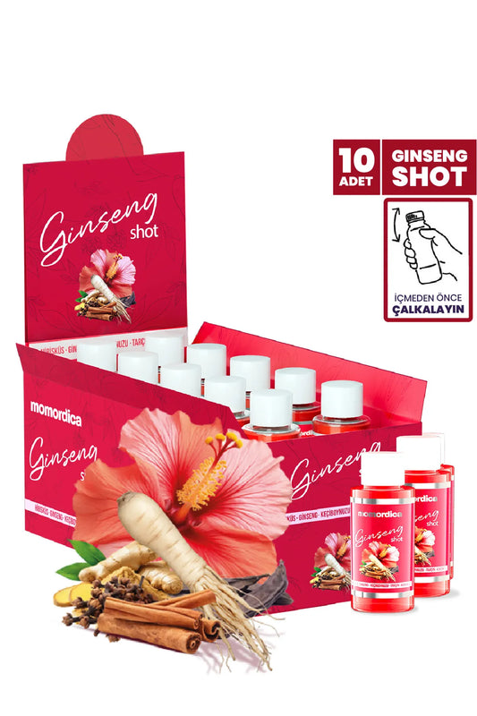 MOMORDICA Detox Ginseng Shot Superfood Complex - Hibiscus - Ginseng Johannesbrood - Kaneel - Kruidnagel - 10 stuks