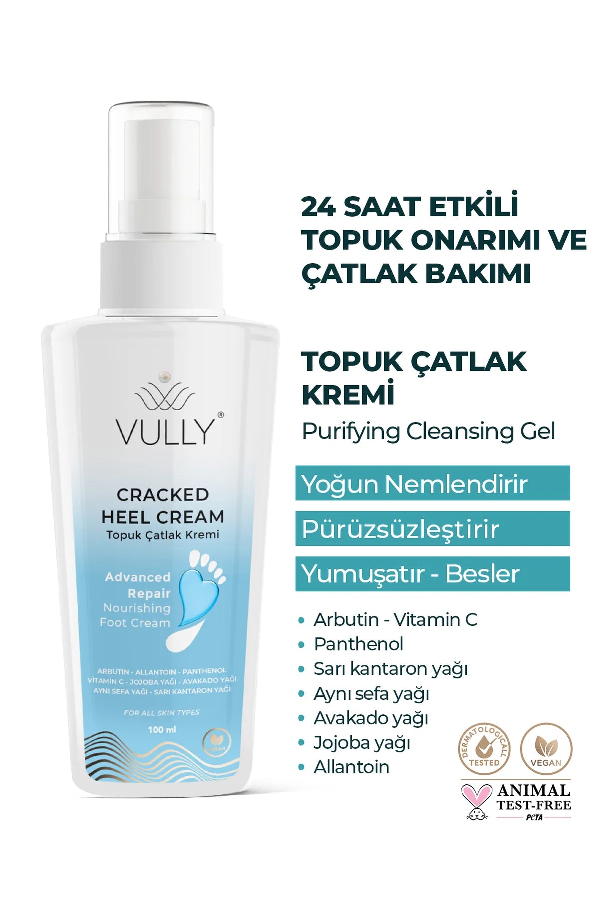 VULLY Herstellen en bleken scheurtjes in de Voet- en Hielzone - Hydrateert intensief - Maak glad - Verzacht - Voedt - Arbutin - Panthenol - Vitamine C - Jojoba Olie - Avocado Olie - Calendula olie - Sint-Janskruidolie - Voor alle huidtype - 100 ml
