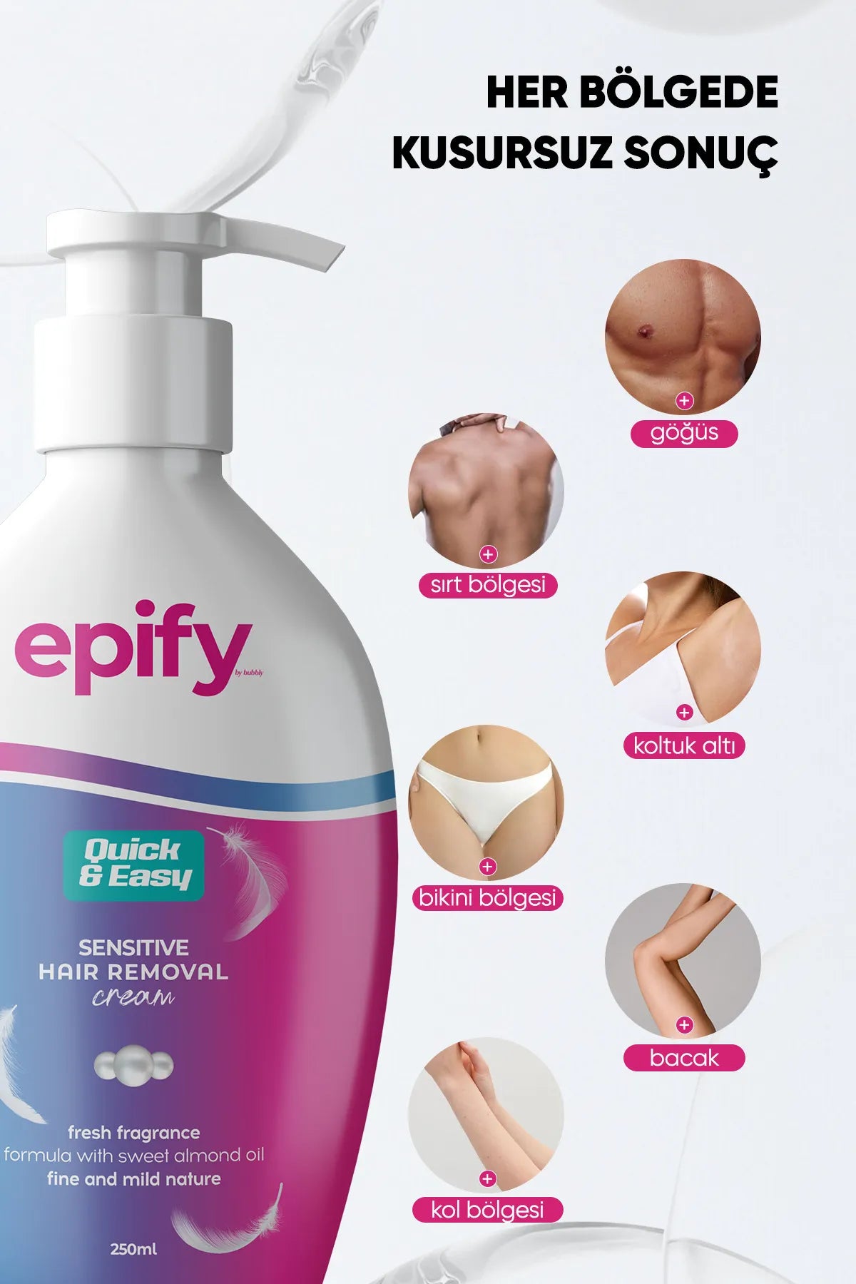 Epify Hair Removal Cream, Ontharingscrème voor de Gevoelige Huid, Effectieve en Zachte Ontharing Voor Het Lichaam, 250 mL
