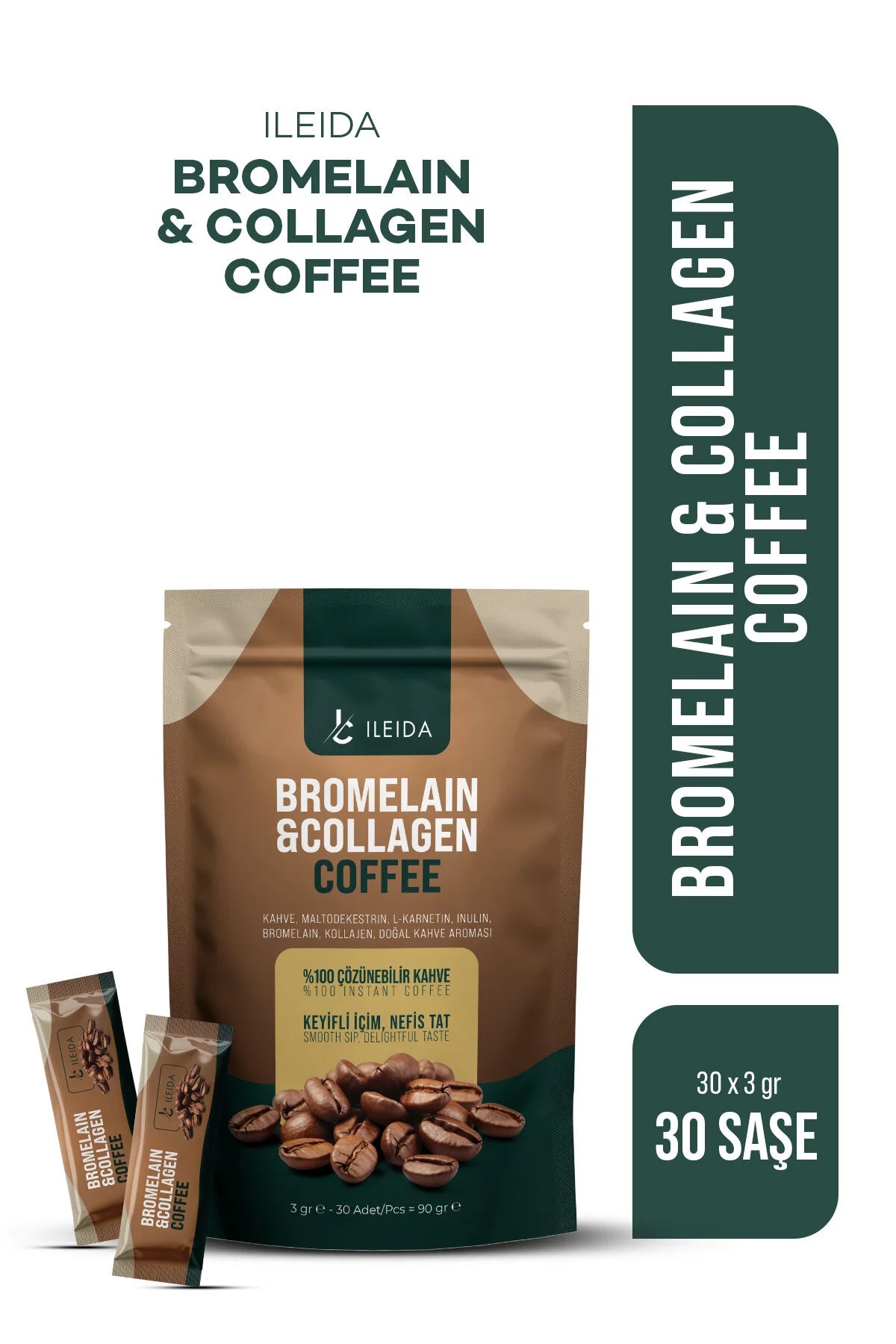 Ileida Bromelain & Collagen Coffee – Instant Koffie met Gehydrolyseerd Collageen, Bromelaïne, Spirulina, Groene Thee & Cichorei – 30 Sachets x 3 g – 90 g