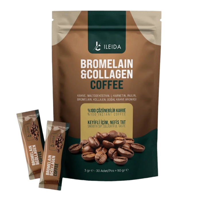 Ileida Bromelain & Collagen Coffee – Instant Koffie met Gehydrolyseerd Collageen, Bromelaïne, Spirulina, Groene Thee & Cichorei – 30 Sachets x 3 g – 90 g