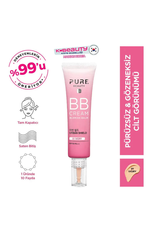 Pure Beauty - BB Cream Blemish Balm - Urban Shield - SPF 50 PA+++ / Lichte huid 01 IVORY - Stralende teint - Volledige dekking van huidoneffenheden & Antioxiderende werking - Gladde huid - Dermatologisch getest - 30 ml