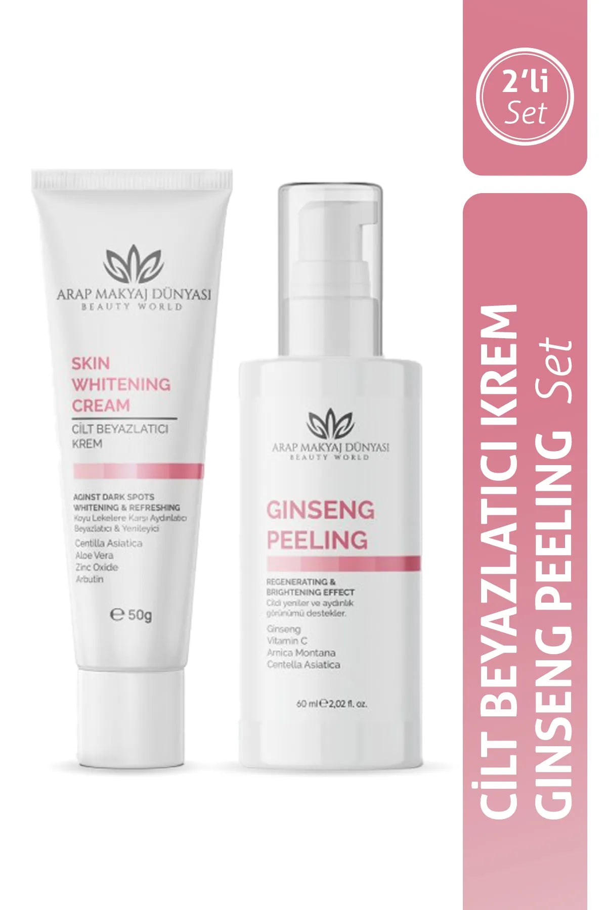 Arab Makeup World Huidblekende & Ginseng Peeling 2-delige set - Anti-donkere Vlekken Verhelderend - Blekend & Vernieuwend - Collageen - Zink Oxide - Arbutine - Vernieuwt huid & Stralende uitstraling - Hyaluronzuur - Niacinamide - 110 ml