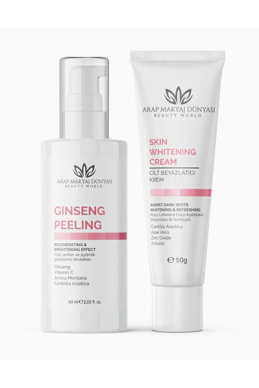 Arab Makeup World Huidblekende & Ginseng Peeling 2-delige set - Anti-donkere Vlekken Verhelderend - Blekend & Vernieuwend - Collageen - Zink Oxide - Arbutine - Vernieuwt huid & Stralende uitstraling - Hyaluronzuur - Niacinamide - 110 ml