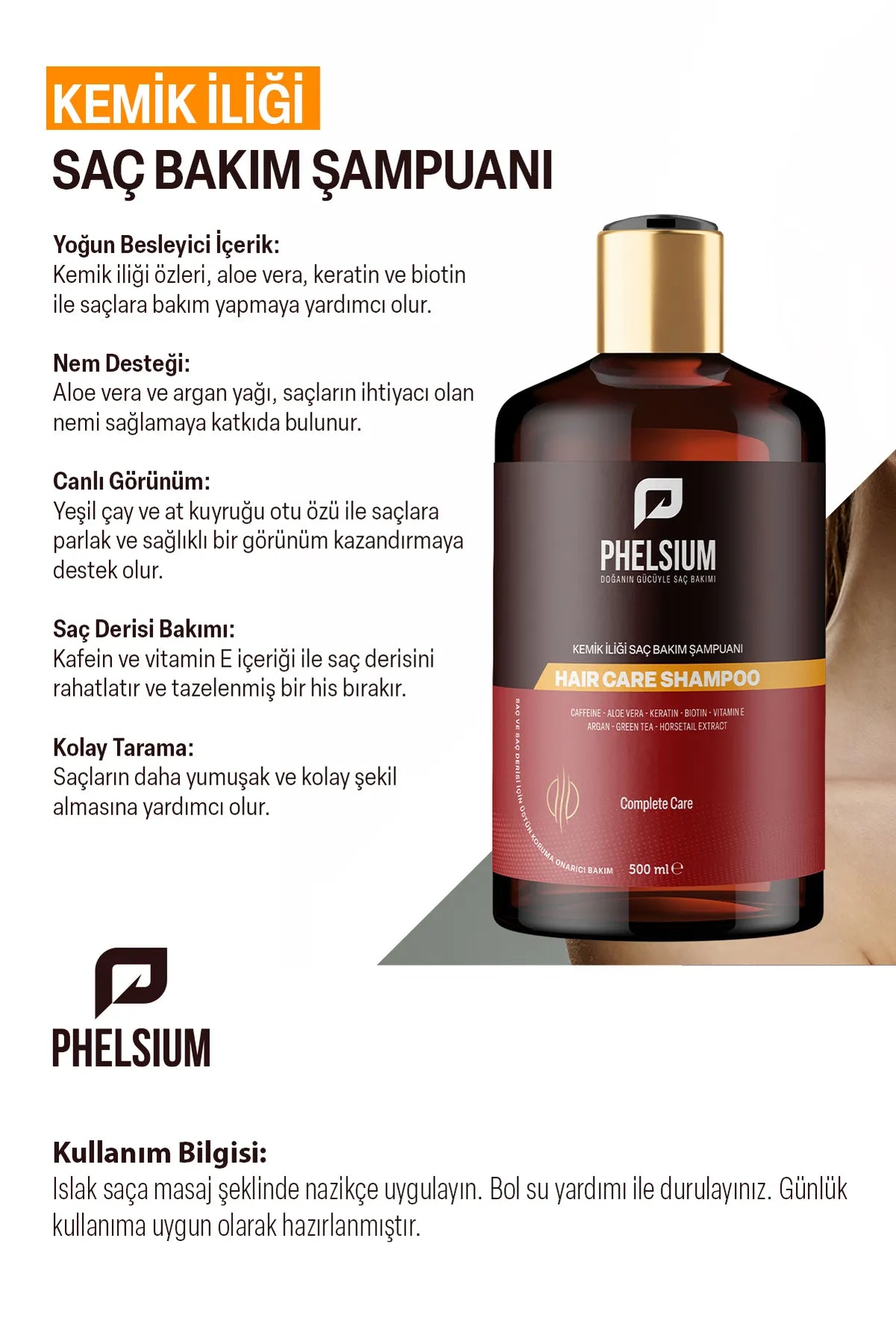 PHELSIUM Haarverzorgingsshampoo - Anti-haaruitval Beenmergverzorging Shampoo - Actieve Kruideningrediënten en Vitamines - Cafeïne - Aloe Vera - Keratine - Biotine - Vitamine E - Argan - Groene thee - Paardenstaartextract - 500 ml