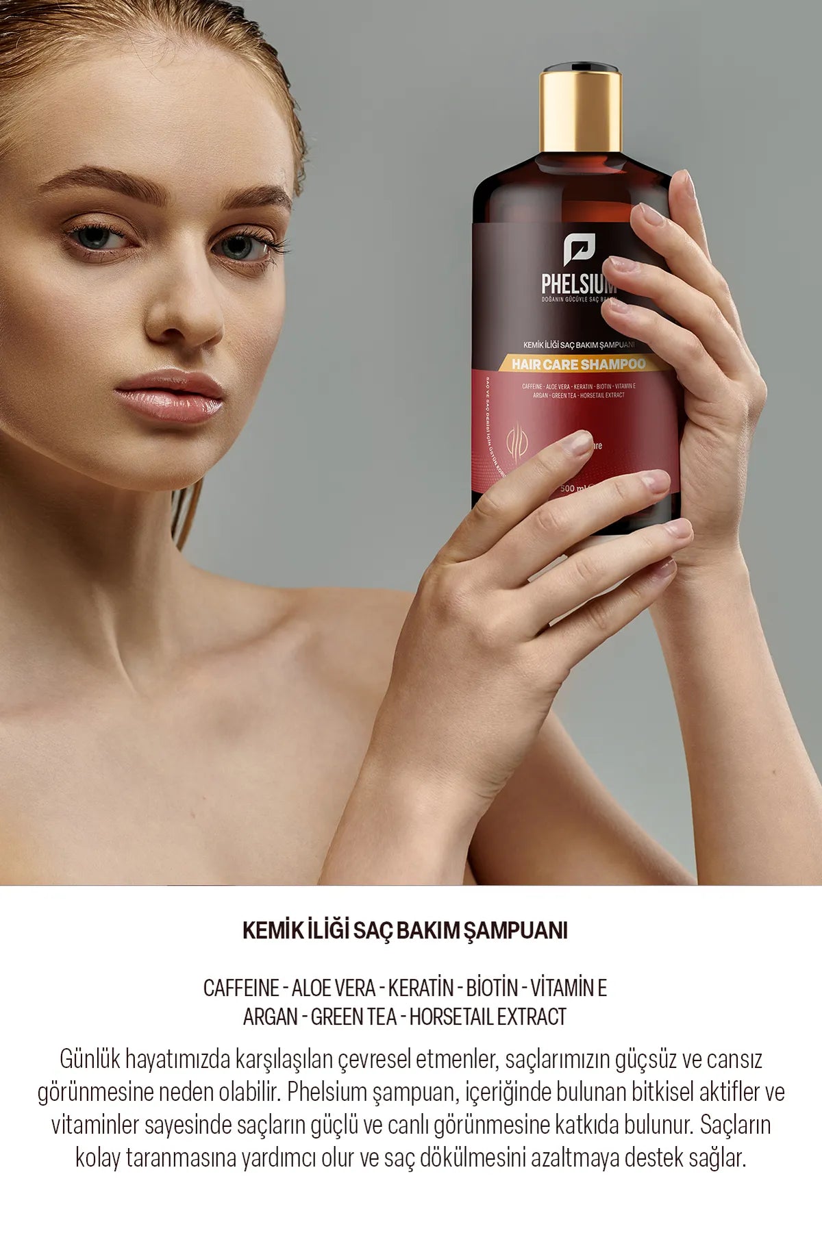 PHELSIUM Haarverzorgingsshampoo - Anti-haaruitval Beenmergverzorging Shampoo - Actieve Kruideningrediënten en Vitamines - Cafeïne - Aloe Vera - Keratine - Biotine - Vitamine E - Argan - Groene thee - Paardenstaartextract - 500 ml