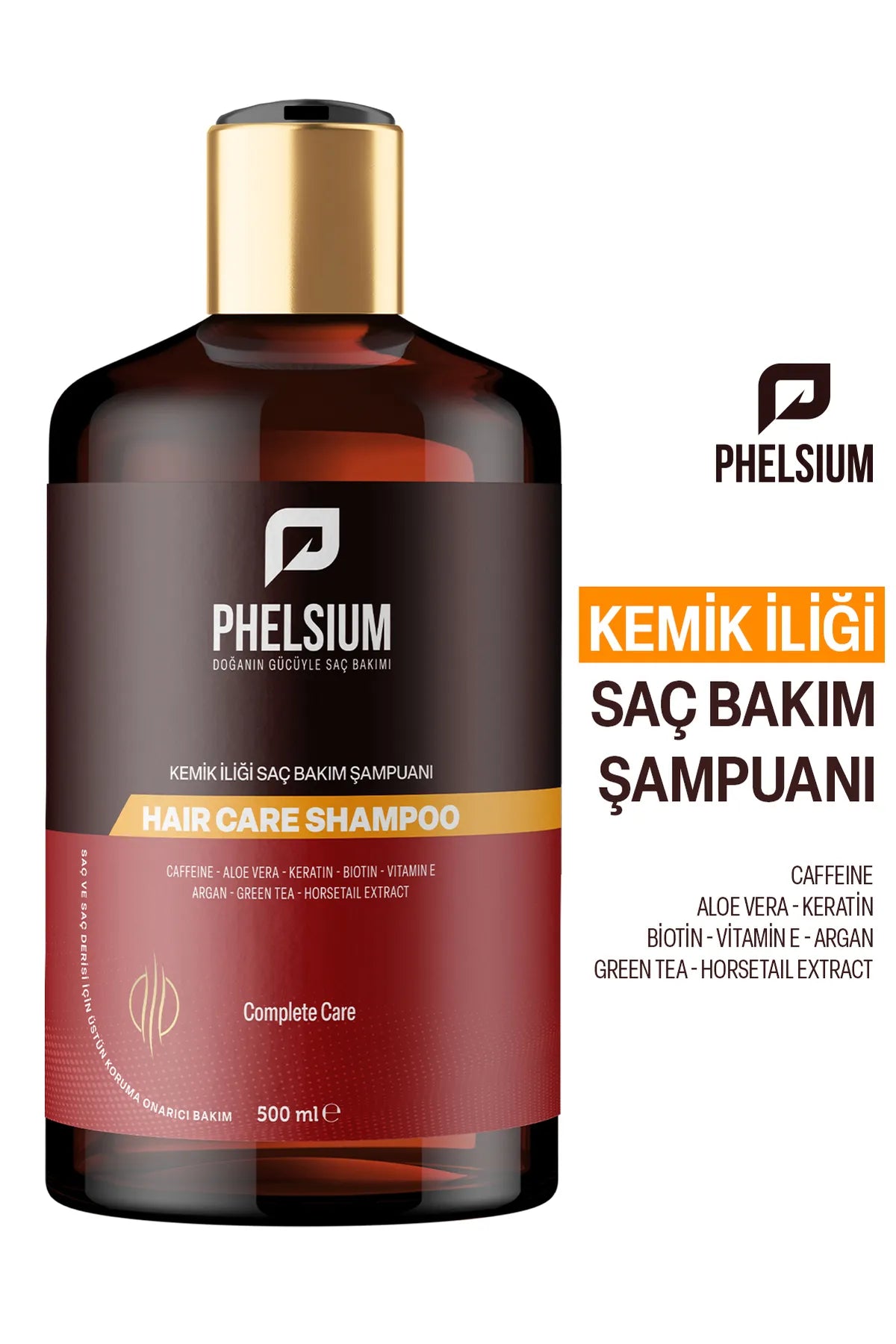 PHELSIUM Haarverzorgingsshampoo - Anti-haaruitval Beenmergverzorging Shampoo - Actieve Kruideningrediënten en Vitamines - Cafeïne - Aloe Vera - Keratine - Biotine - Vitamine E - Argan - Groene thee - Paardenstaartextract - 500 ml