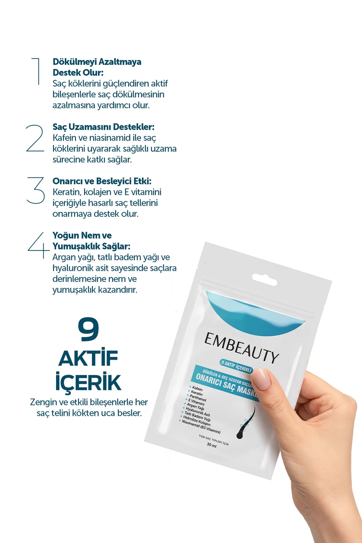 Embeauty Haarmasker 9 Actieve Inhoud - Snelle Haargroei Voller Herstellend Voedende Haarmasker voor Extreem Beschadigd en Uitvallend Haar - Alle haartypen - 30 ml