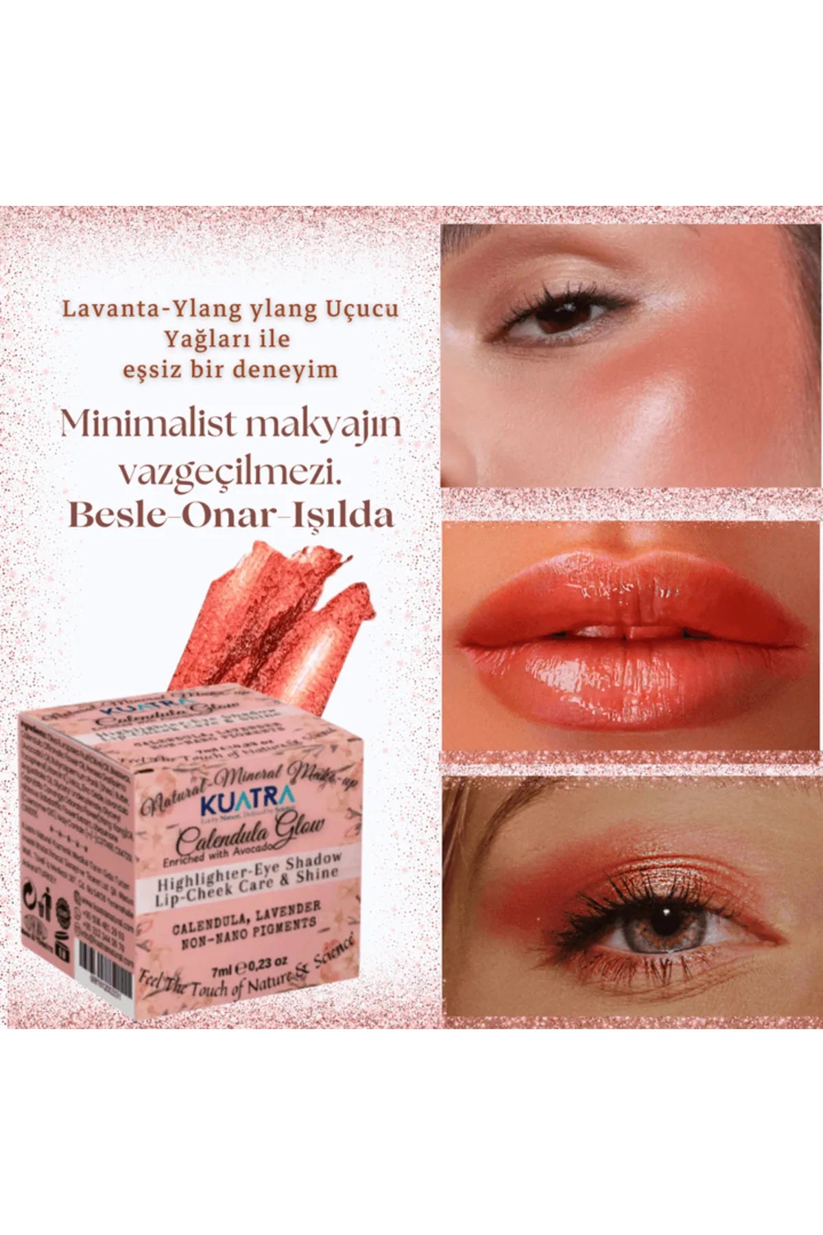 KUATRA - Calendula Glow 3 in 1 - Highlighter - Oogschaduw Creme - Lip-Wangverzorging & Glans - Blush - Voeden - Herstellen - Glanzen - Alleen met natuurlijke bijenwas - kruidenextracten - vitaminen - mineralen - niet-nano pigmenten - 7 ml