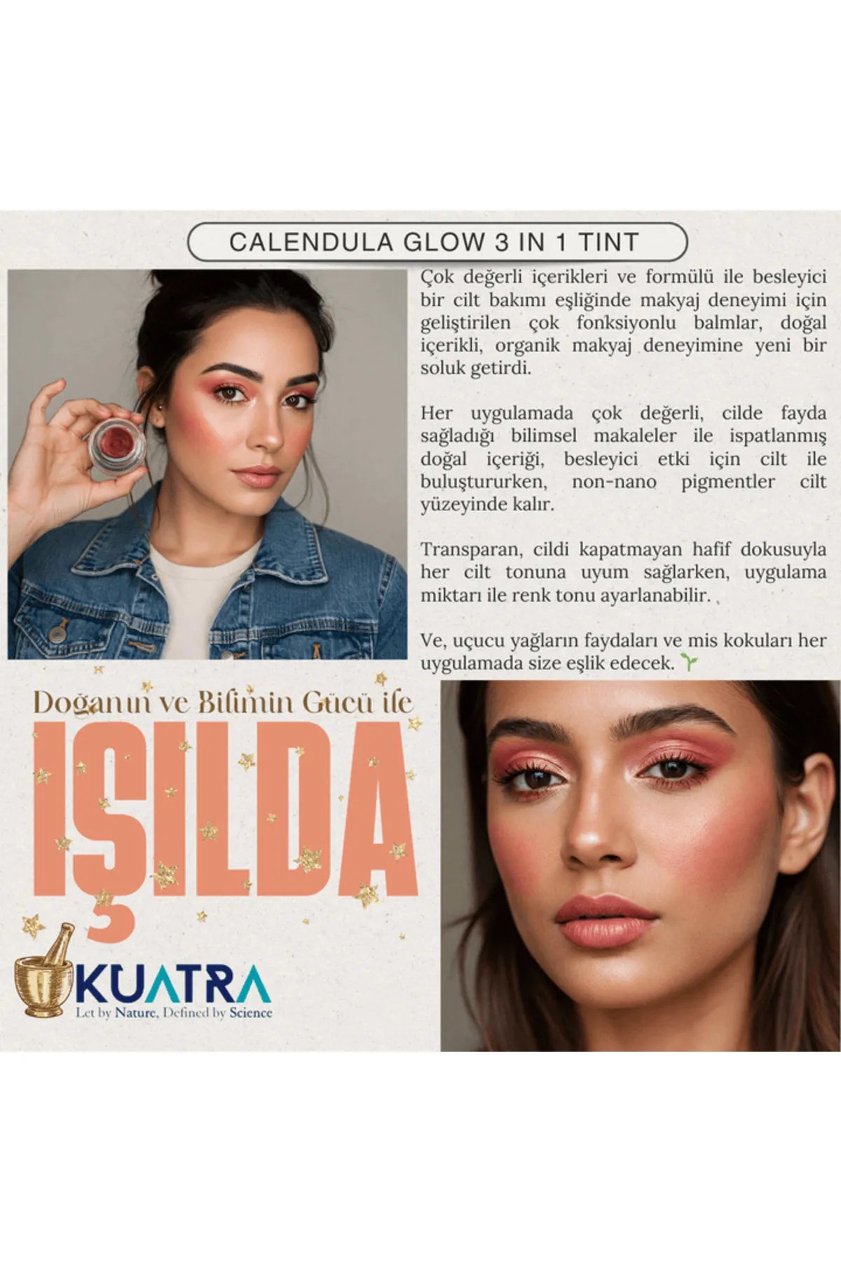 KUATRA - Calendula Glow 3 in 1 - Highlighter - Oogschaduw Creme - Lip-Wangverzorging & Glans - Blush - Voeden - Herstellen - Glanzen - Alleen met natuurlijke bijenwas - kruidenextracten - vitaminen - mineralen - niet-nano pigmenten - 7 ml