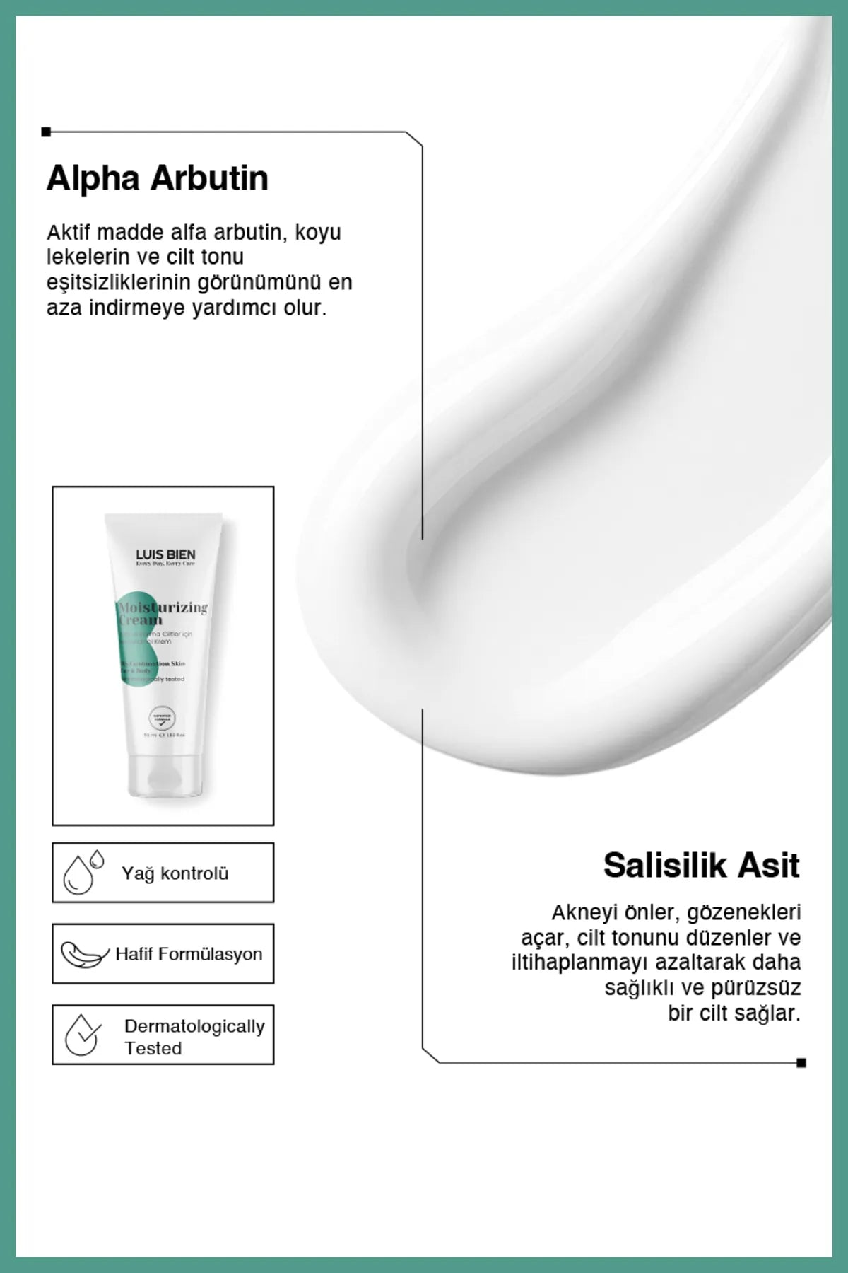 Luis Bien - Moisturizing Cream - Hydraterende Gezichtscrème voor de Vette en Gecombineerde Huid - Hyaluronzuur - Salicylzuur - Dermatologisch getest - 50 ml