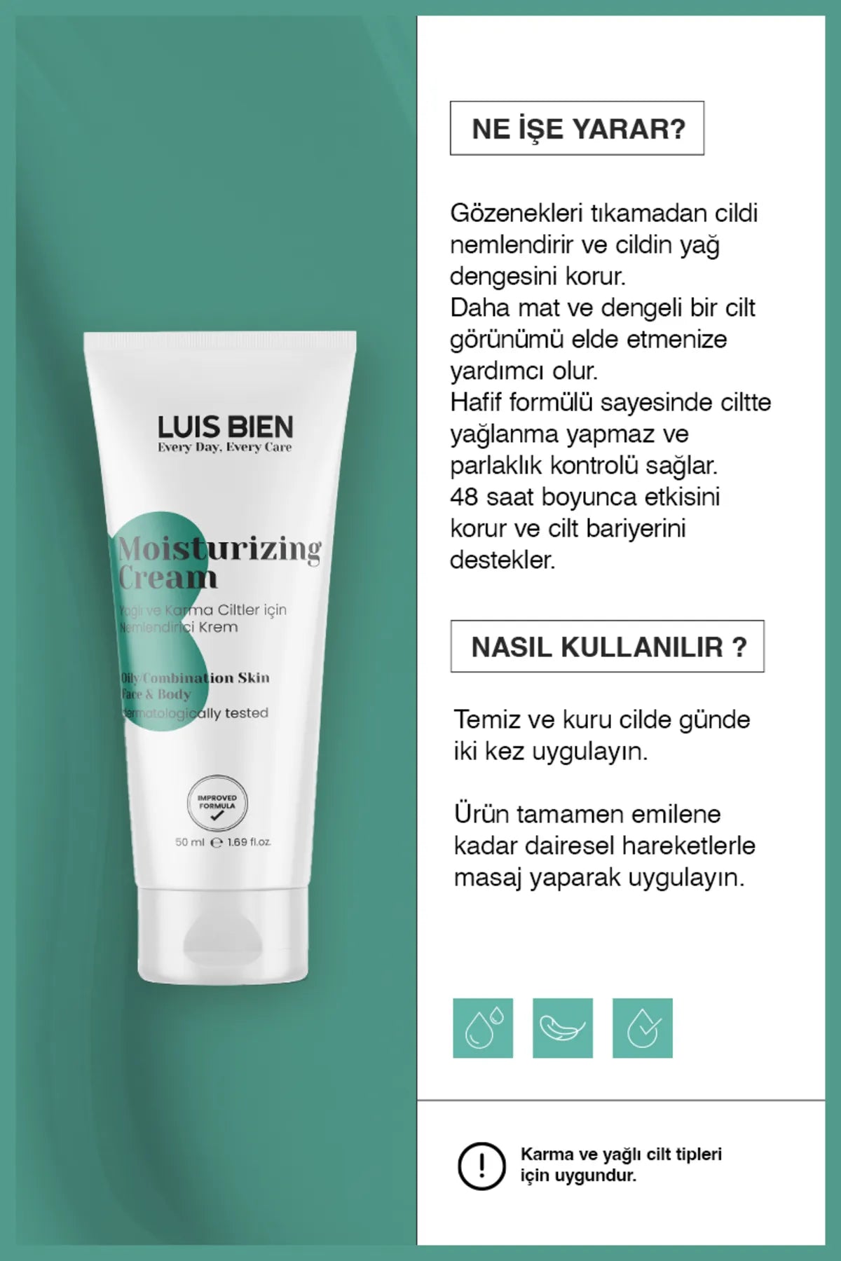Luis Bien - Moisturizing Cream - Hydraterende Gezichtscrème voor de Vette en Gecombineerde Huid - Hyaluronzuur - Salicylzuur - Dermatologisch getest - 50 ml