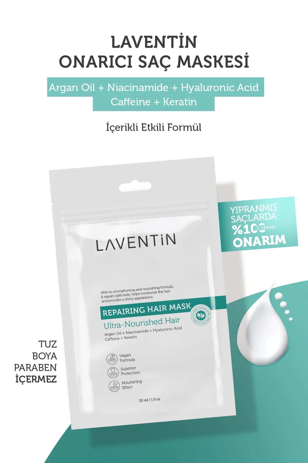 Laventin Haarmasker - Snelle Haargroei - Voedende - Herstellende Haarmasker voor Extreem Beschadigd en Uitvallend Haar - Arganolie - Niacinamide - Hyaluronzuur - Cafeïne - Keratine - Voor Alle haartypen -30 ml