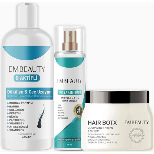 Embeauty 3-delige Haarverzorgingsset speciaal voor anti-uitval en extree beschadigd haar - Voedende Keratine & Collageen Haarverzorgingsmelk 220ml + Collageen en Beratine tegen Haaruitval Voedende Shampoo 500ml + Haarmasker Botox Argan Keratine 500ml