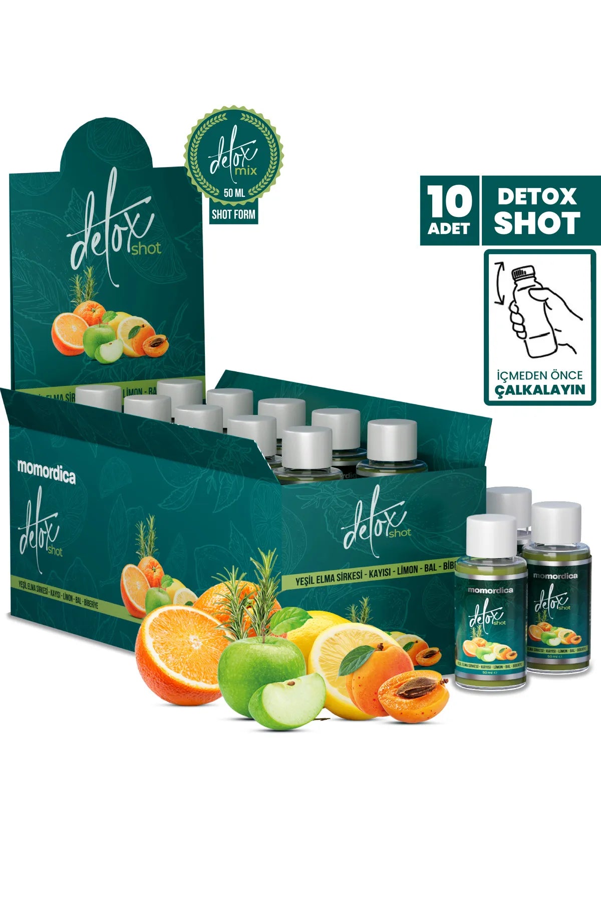 MOMORDICA Detox Mix Shot Abrikozendrank - Groene Appelazijn - Abrikoos - Citroen - Honing - Rozemarijn - 10 stuks