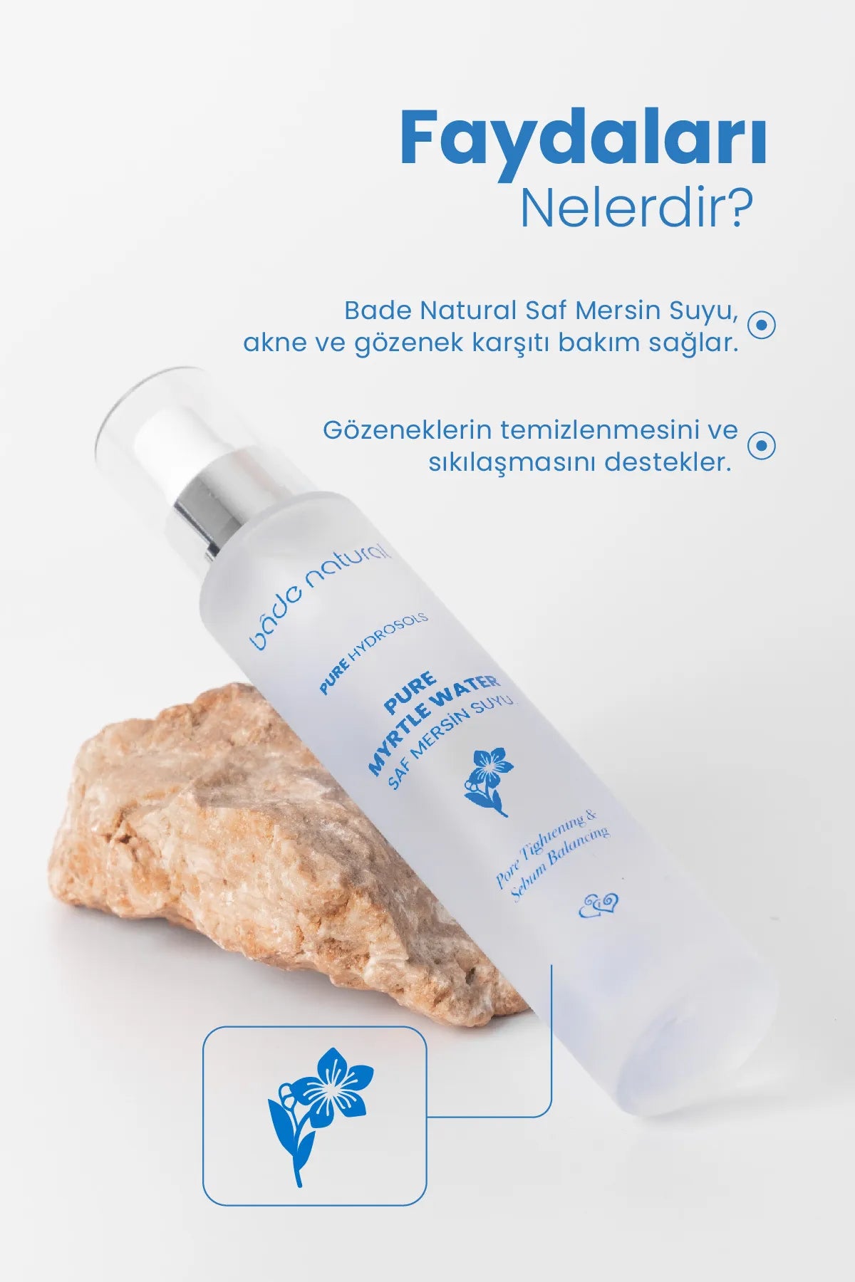 Bade Natural Pure Myrtle Water - Pore Tightening & Sebum Balancing (Saf Mersin Suyu) Poriënverstrakkende Tonic 100% Natuurlijk en Puur - Verzorging tegen Acne en Poriën - 100 ml